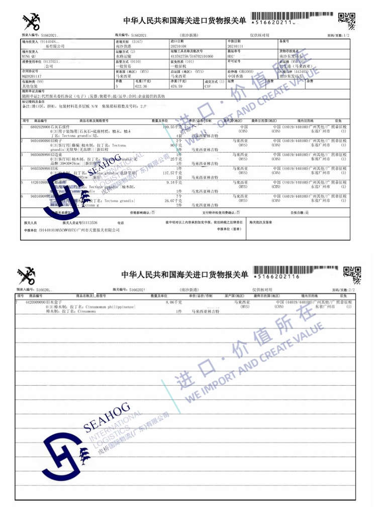 Guangzhou customs declaration sheet for used furniture from Malaysia