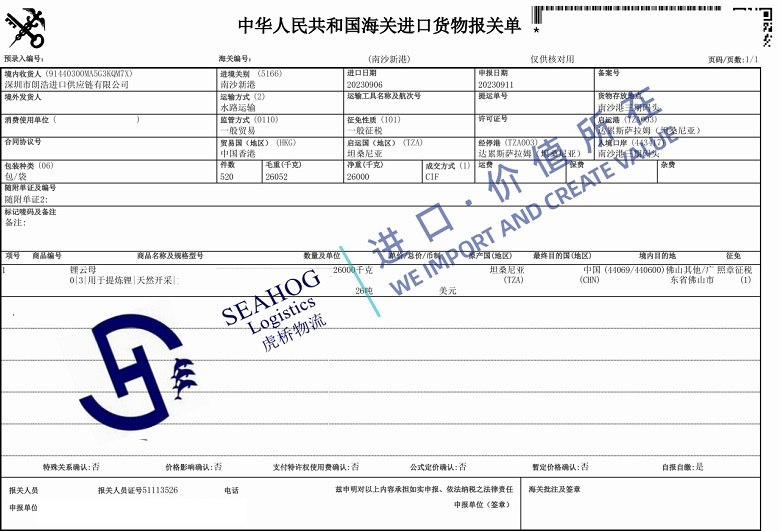 Guangzhou customs declaration sheet for Lepidolite 