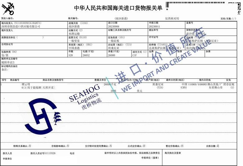 Guangzhou customs declaration sheet for Lepidolite